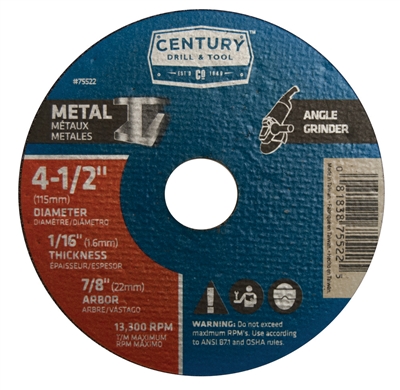 Century Drill & Tool 4-1/2 in. x 1/16 in. Thin Metal Cutting Wheel 75522 Case of 10