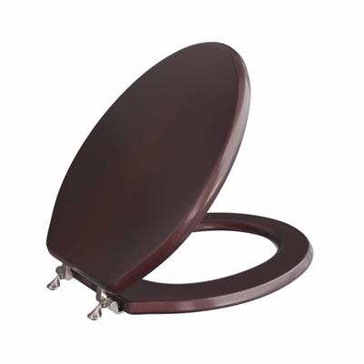Jones Stephens Mahogany Designer Wood Toilet Seat with Piano Finish, Closed Front with Cover, Brushed Nickel Hinges, Elongated C2B1E16BN