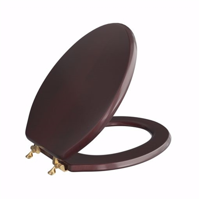 Jones Stephens Mahogany Designer Wood Toilet Seat with Piano Finish, Closed Front with Cover, Polished Brass Hinges, Elongated C2B1E16BR