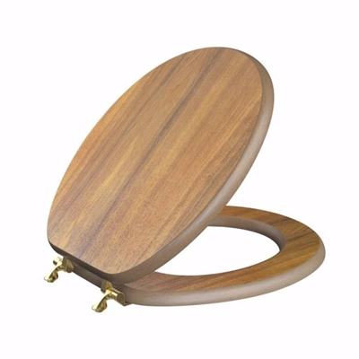 Jones Stephens Natural Oak Designer Wood Toilet Seat, Closed Front with Cover, Polished Brass Hinges, Round C3B2R117BR