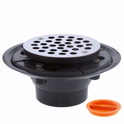 Jones Stephens 2 inch x 3 inch PVC Shower Drain with 2 inch PVC Spud and 4 inch Round Stainless Steel Strainer with Test Plug D50001TP