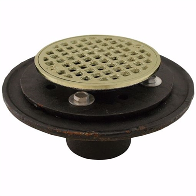 Jones Stephens 2 inch No Hub Shower/Floor Drain with 6-1/2 inch Pan and 6 inch Polished Brass Cast Round Strainer D60208
