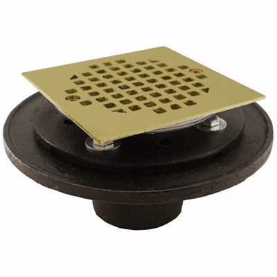 Jones Stephens 2 inch Inside Caulk Shower/Floor Drain with 6-1/2 inch Pan and 4 inch Polished Brass Cast Square Strainer D60410