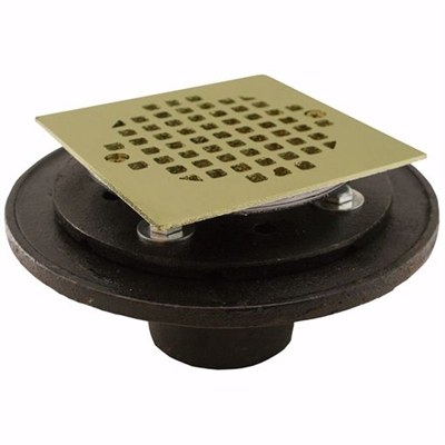 Jones Stephens 2 inch FIP Shower/Floor Drain with 6-1/2 inch Pan and 4 inch Polished Brass Cast Square Strainer D60412