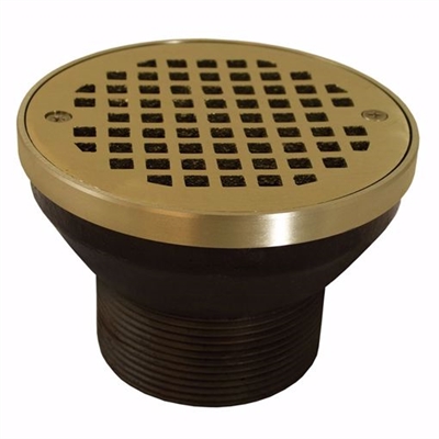Jones Stephens 3-1/2" IPS Cast Iron Spud for Heavy Duty Drain Bodies with 6" Polished Brass Round Strainer with Ring - 3" Threaded Throat D62137