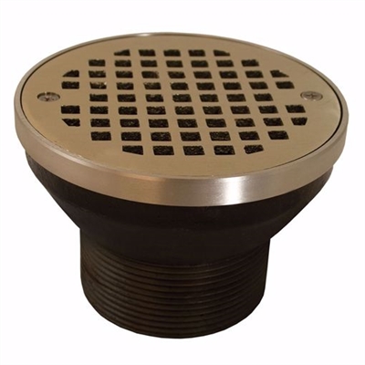 Jones Stephens 4" IPS Cast Iron Spud for Heavy Duty Drain Bodies with 6" Nickel Bronze Round Strainer with Ring - 3-1/2" Threaded Throat D62141